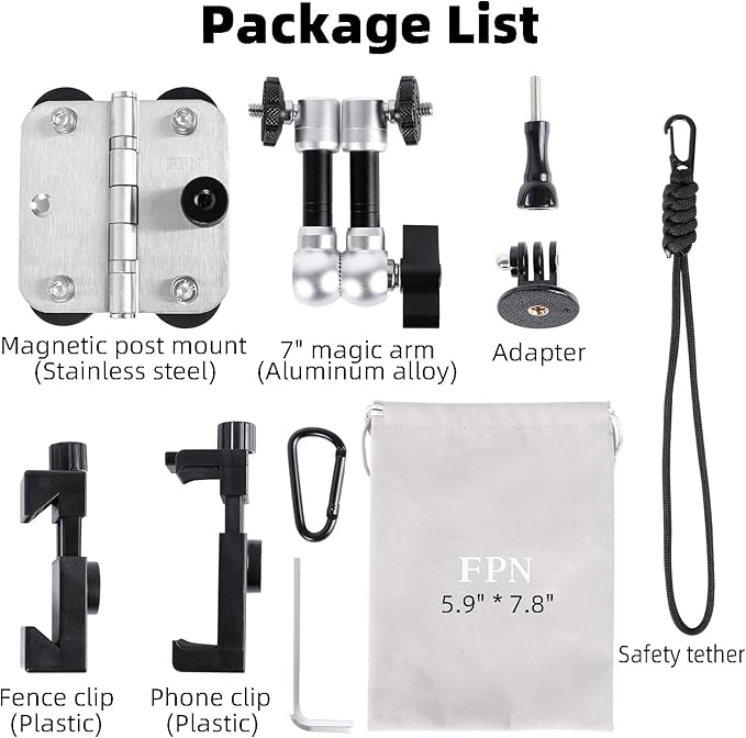 FPN Magnetic Phone Fence Post Mount + Fence Clip Kit for Gamechanger for Mevo Start, GoPro, iPhone, DJI Osmo Pocket 3 and Action Cameras, for Recording Baseball,Softball and Tennis Games