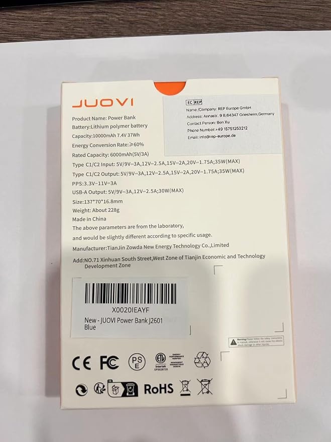JUOVI Power Bank Fast Charging 10000mAh 35W Portable Charger Small Battery Pack with PD 3.0 & QC 4.0 Type-C USB-A Input Output Lightweight Phone Charger Compatible for iPhone Samsung iPad