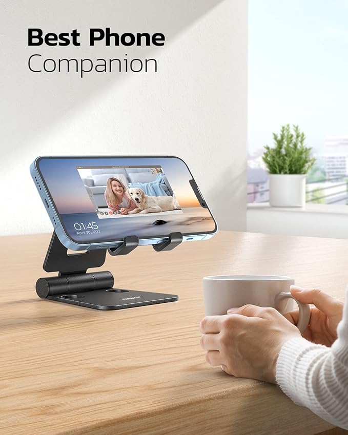 Nulaxy Dual Folding Cell Phone Stand, Fully Adjustable Foldable Desktop Phone Holder Cradle Dock Compatible with iPhone 17 16 15 14 13 12 11 Pro Max Xs Xr X 8, Nintendo Switch, All Phones
