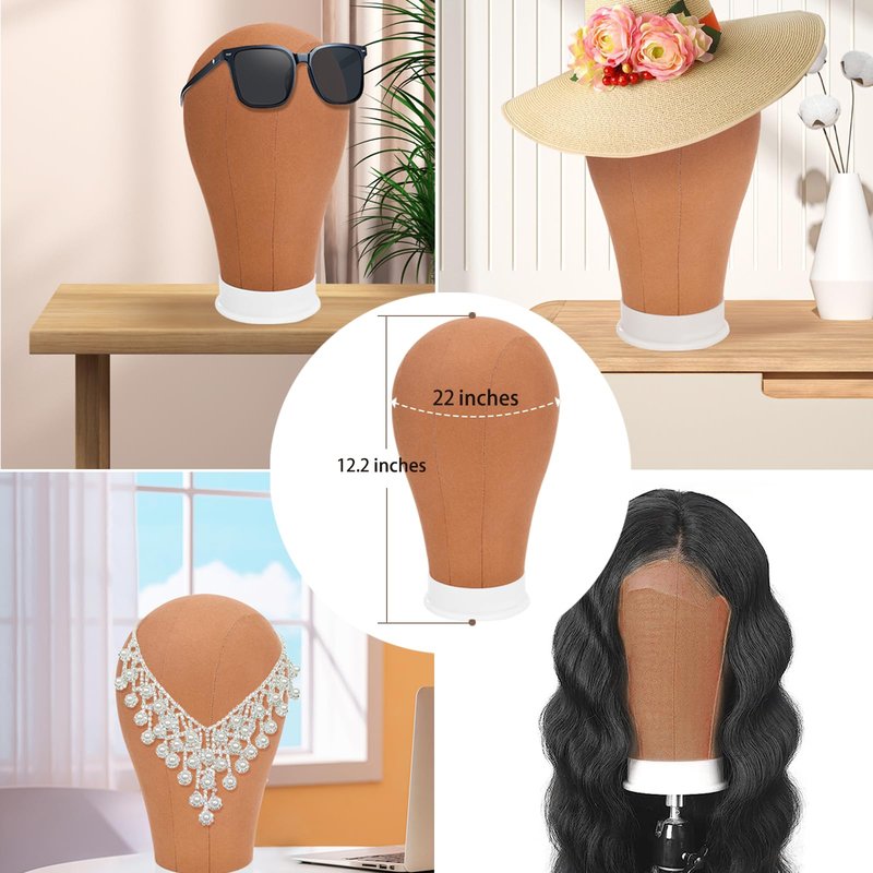 GHWMYD 22 Inch Canvas Wig Head Mannequin Head With 63in Tripod Stand, Manikin Canvas Head Set for Wigs Making Display Styling with Tripod Table Clamp Wig Caps Pins Set Hair Brush, Clips(Beige)