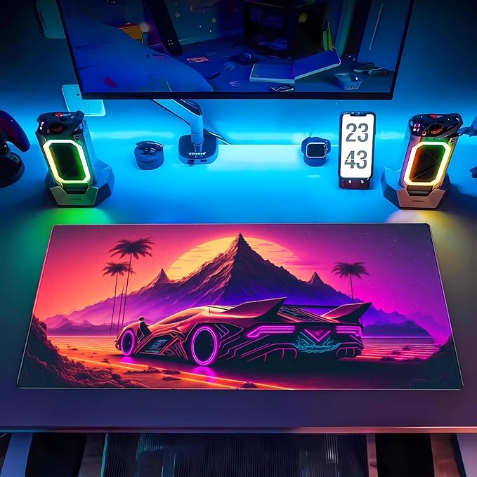 Synthwave Desk Mat, Retro Car XXL Large Gaming Mouse Pad 31.5x15.7 in