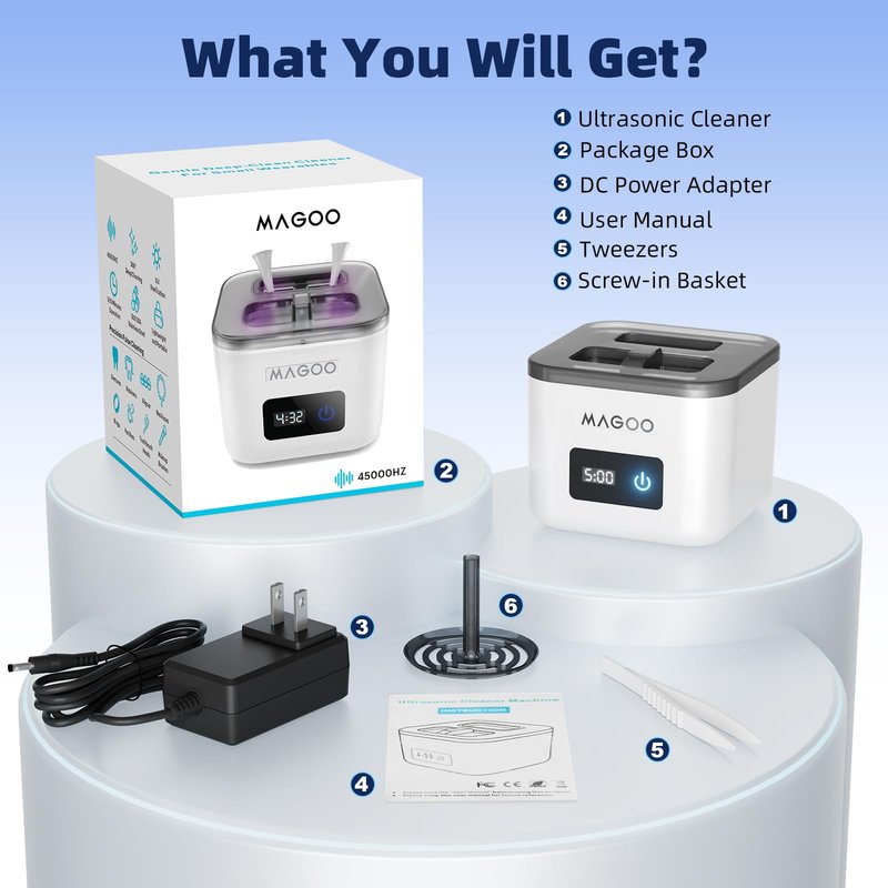 Ultrasonic Retainer Cleaner Machine, Denture Cleaner for Aligners Night Guards Braces Mouth Guards Toothbrush Heads,All-in-One Dental & Jewelry Cleaner, 45kHz 200ML, Dual Modes