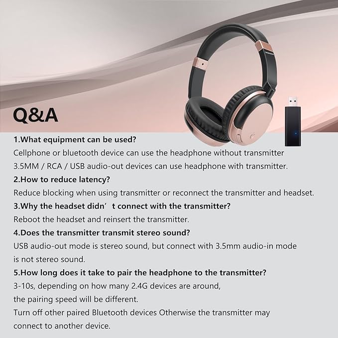 BAOBER Bluetooth Wireless Over Ear Light Weight Headphone with Low Latency USB Transmitter for TV,PC,3.5mm Audio Device, Stereo Wireless Headset Built-in Microphone for Cell Phone (Rose Gold)