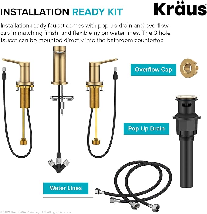 KRAUS Indy Widespread Bathroom Faucet in Spot-Free Brushed Brass with 2 Handles, Pop Up Drain and Supply Lines, FUS-14103SFBB