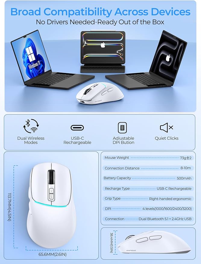 RAPIQUE Wireless Mouse for Laptop, Dual Bluetooth & 2.4G, Multi-Device for 3 Devices, USB-C Rechargeable, Quiet Click, 4 DPI Levels up to 3200, Ergonomic Right-Hand Mouse for MacBook, PC - White