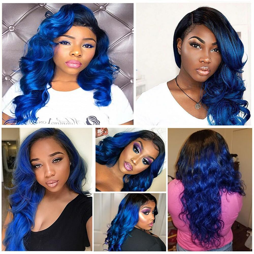 Cklikeb Human Hair Bundles T1B/Blue Color Body Wave Bundles Unprocessed Brazilian Virgin Human Hair 10 12 14 Inch 3 Bundles Quick Weave Human Hair Extensions 300g (T1B/Blue Body Wave, 10 12 14)