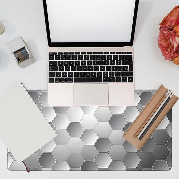 KOAIWPAE Large Gaming Mouse Pad for Desk, Silver Technology Honeycomb Desk Mat, Sci-Fi Honeycomb Desk Pad, 31.5"x15.7" Extended Big Computer Keyboard Mouse Pad with Non-Slip Base and Stitched Edge