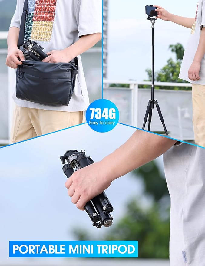 ULANZI MT-63 Portable Vlog Tripod, 57" Foldable Aluminum Alloy Extendable Camera Tripod with 2 in 1 Phone Clip, 360° Ball Head Travel Lightweight Tripod for iPhone/Android/Camera, Load 5KG/11LBS