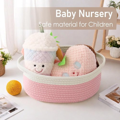 JMvicyroam Woven Basket - Small Rope Storage Bin with Handles | Versatile Organizer for Shelves & Closets - White & Pink (2 Pack)