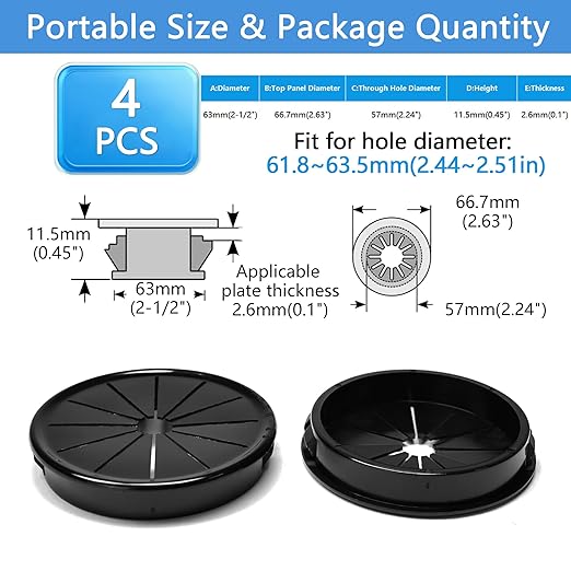 BOPOREAE 4 Pcs Cable Grommet, Snap Bushing 2-1/2" (63 mm) Mounting Diameter, Flexible Petal-Shaped Buckle Round Nylon Desk Grommet for Wires Through Countertop Cord Organizer and Protection, Black