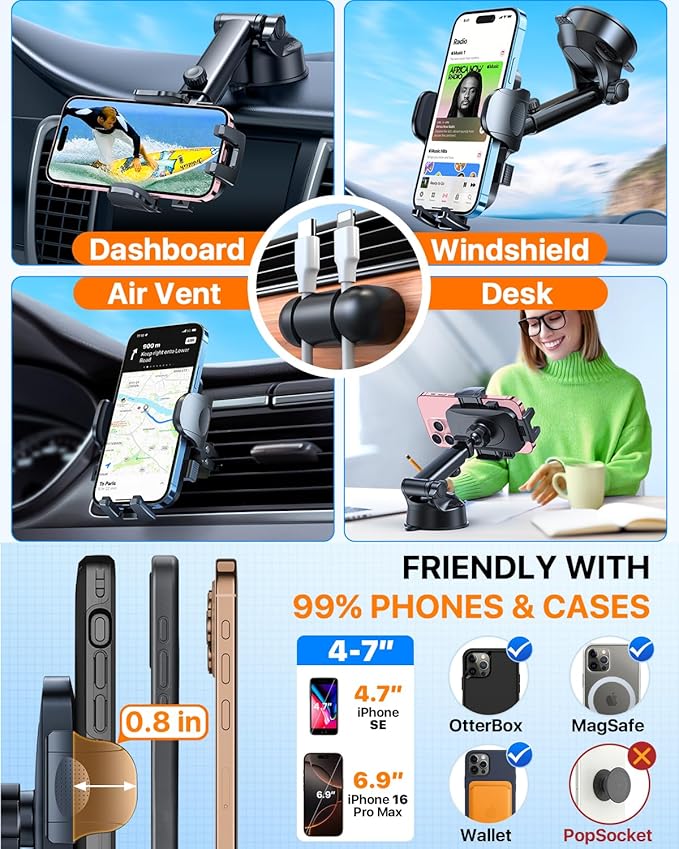 2026 Ultimate BestใTrue Military-Grade & Safety CertใCar Phone Holder HTUใUpgraded 360 Rotation & 100+LBS Strongest Suctionใ5-in-1 Truck Windshield Dashboard Vent Mount Stand for iPhone Android, Black