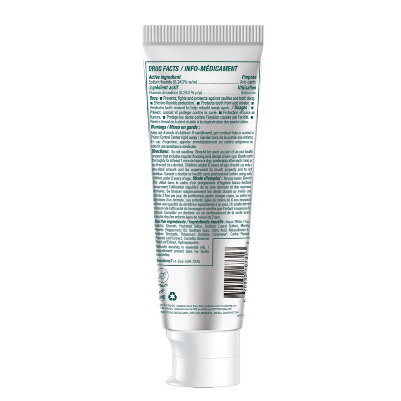 Attitude Whitening Toothpaste with Fluoride, Peppermint Flavor, Vegan & Cruelty-Free, Sugar-Free, Plant & Mineral-Based Ingredients, Clean Oral Care, 4.2 Oz (Pack of 2)