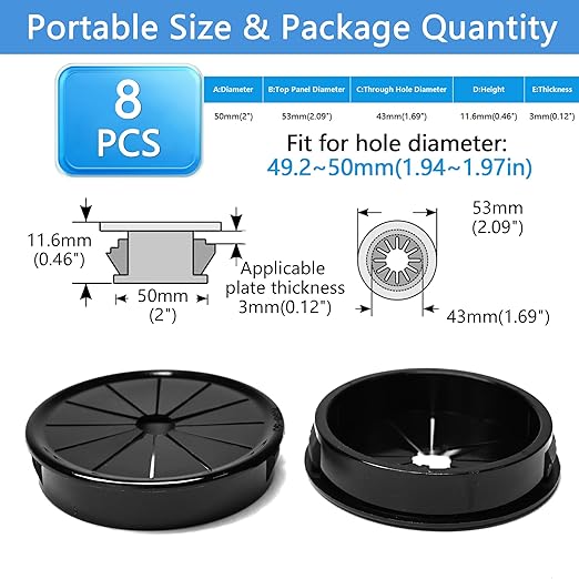 BOPOREAE 8 Pcs Cable Grommet, Snap Bushing 2" (50 mm) Mounting Diameter, Flexible Petal-Shaped Buckle Round Nylon Desk Grommet for Wires Through Countertop Cord Organizer and Protection, Black