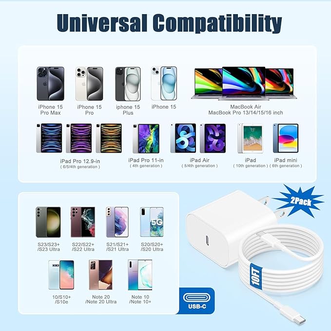 iPhone 15 Charger Fast Charging, 2Pack 10FT Long USB C to C iPhone Fast Charging Cable Cord with 20W USB C Fast Charger Block Adapter for iPhone 15/15 Pro/15 Pro Max/15 Plus, iPad 12.9/11/10.9/Air 5/4
