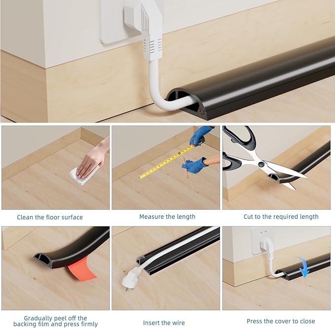 10ft Side Buckle Floor Cord Cover for Wires, Selfadhesive Extension Cord Hider Easy Floor Cable Management Prevent Cable Trips,Silicone Floor Wire Covers for Cords, Cable Protector Cord Cavity(Brown)