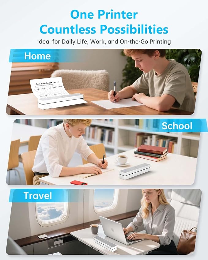 PRT Inkless Portable Printer for Travel, Wireless Thermal Printer Support 8.5 x 11 US Letter A4 B5, Bluetooth Mobile Printers for Laptop, iPhone, Android for Home, Car, Office, School, MT610 Grey