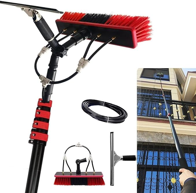 Water Fed Pole, Outdoor Window Window Cleaning Tool (Glass, Solar Panel, Etc.) Professional 3-in-1 Kit: Scrubber Brush W/Spray Washer Window Squeegee 7.2Rod Length 30brush