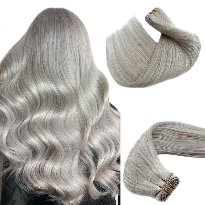 Benafee Sew in Hair Extensions Real Human Hair, Platinum Silver Natural Weft Hair Extensions Remy Hair Weave Bundles 12â 80G Human Hair Weft Extensions Sew in Weave Bundles Brazilian Hair Double Weft