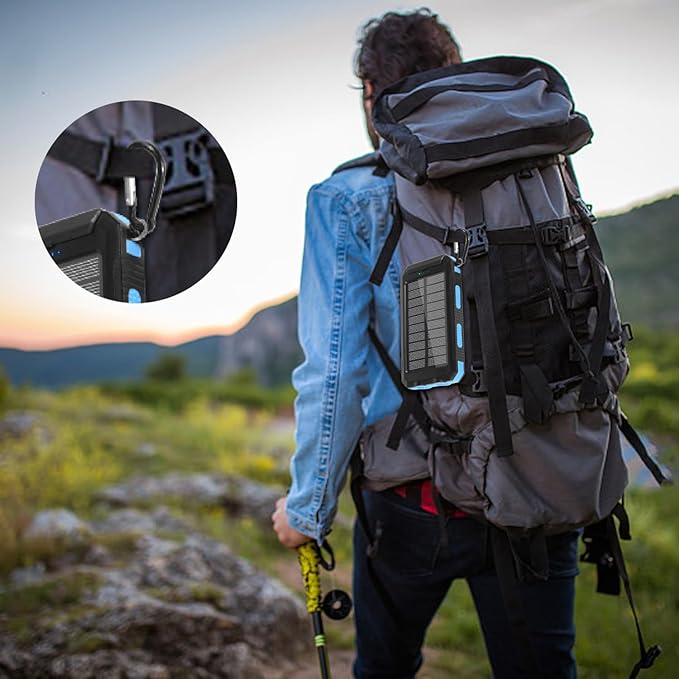 YELOMIN Solar Power Bank 20000mAh, Solar Charger Portable Phone Charger with 4 Built-in Cables, USB-C Fast Charging, Waterproof Battery Pack with Dual Flashlight for Camping Hiking Travel