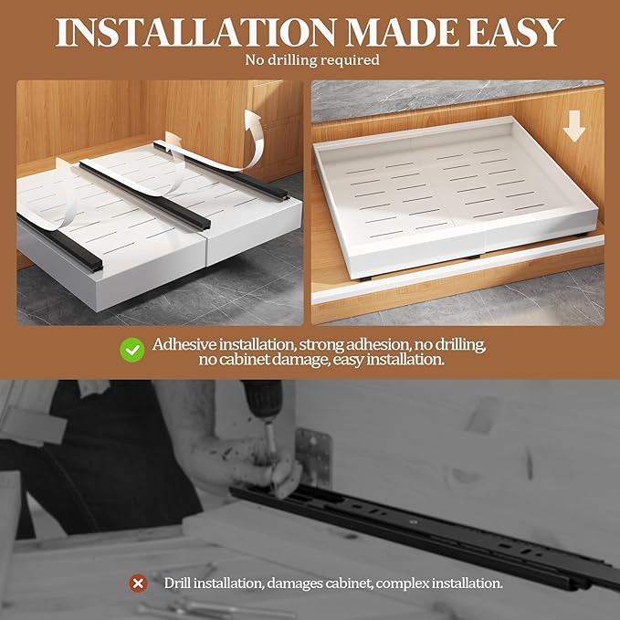 4 Pack Expandable Pull Out Cabinet Organizer 21"Deep With Raising Pad for Framed Cabinets,Upgrade 3 Slide Rails Slide Out Drawers,No Drill Roll Out Shelves,Adjustable Width 15.1"-26.3" White