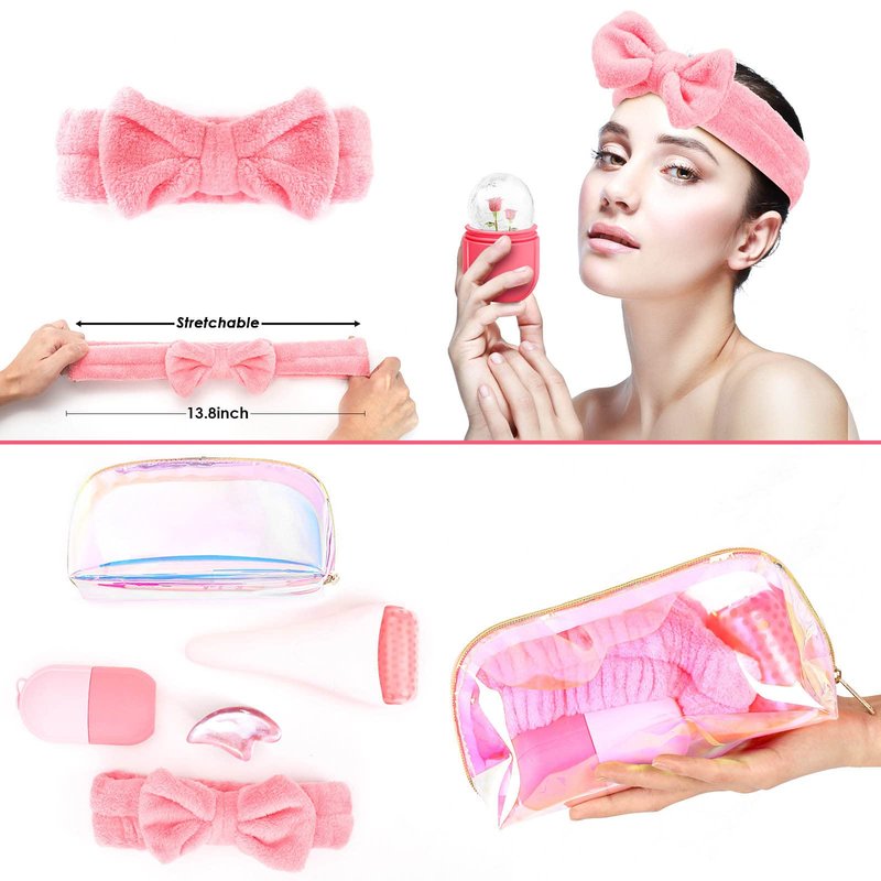 WEEGEEKS 5-Piece Ice Facial Kit - Roller & Mold with Gua Sha, SPA Headband & Clutch Bag, Puffiness Reduction & Skincare Routine Essential