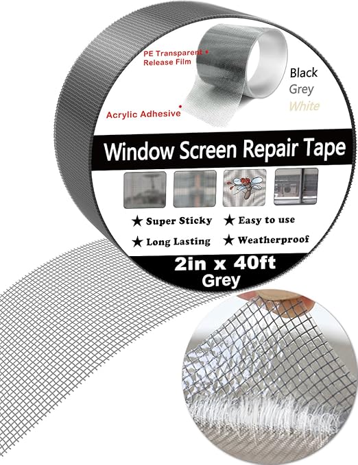 WOHOHOHO Window Screen Repair Tape, 2 in X 40 FT (480IN) Gray Screen Patch Repair Kit, 3-Layer Strong Adhesive Invisible Screen Tape Mesh Repair for Windows, Doors Garage Mosquito Net Magnetic Screen