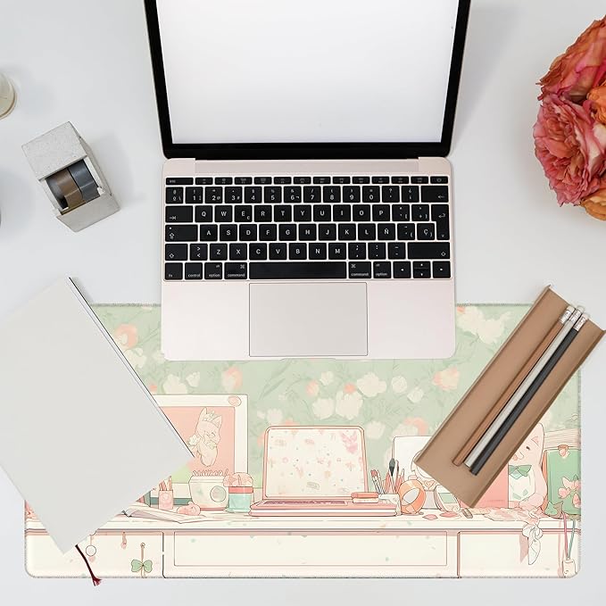 KOAIWPAE Desk Pad, Kawaii Anime Style Desk Mat, Green Cute Desktop Large Gaming Mouse Pad for Desk, 31.5"x15.7" Extended Big Computer Keyboard Mouse Pad with Non-Slip Base and Stitched Edge