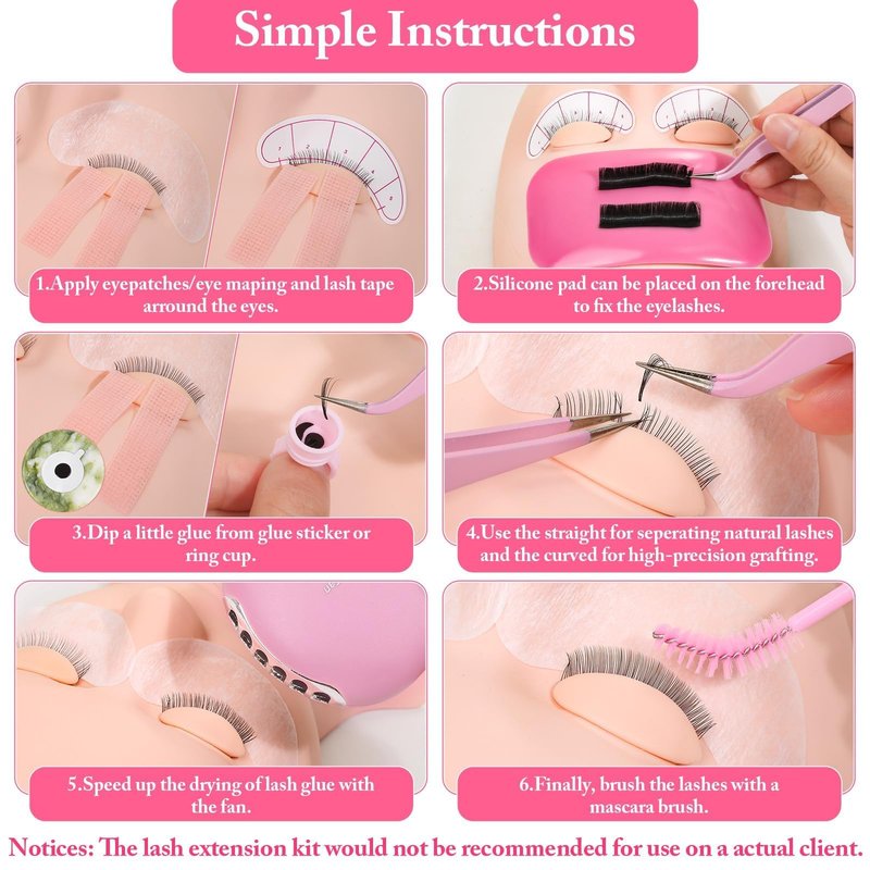 Lash Extension Practice Kit, Eyelash Extension Training Kit for Beginners, Professional Eyelash Mannequin Head Set with Lash Fan, Lash Shampoo, Glue Rings and Lash Mirror (Lashes Kit-with eye)