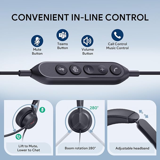 Yealink UH44 Teams Certified USB Wired Headset with 2 Noise Cancelling Mics,Computer Headset for PC,Laptop,Teams,Zoom,Call Center,Home Office,Inline Controls,Comfort Ear Cushions,USB-C/A,Busylight