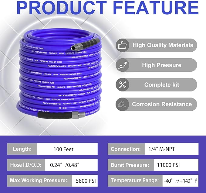 100FT Sewer Jetter Kit for Pressure Washer 1/4"NPT Drain Cleaner Hose 5800PSI Corner Rotating and Button Hose Sewer Jetting Nozzle Pearl Corsage Pin Tape Handle Strap Spanner
