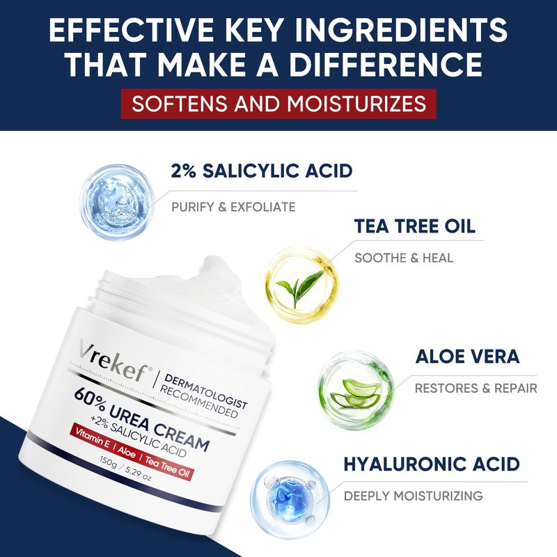 VREKEF Urea Cream 60% with 2% Salicylic Acid, Urea Cream 60 Percent for Feet Maximum Strength, Foot Cream & Callus Remover for Dry Cracked Heels, Rough Thick Skin, Deep Hydration, 5.29 oz