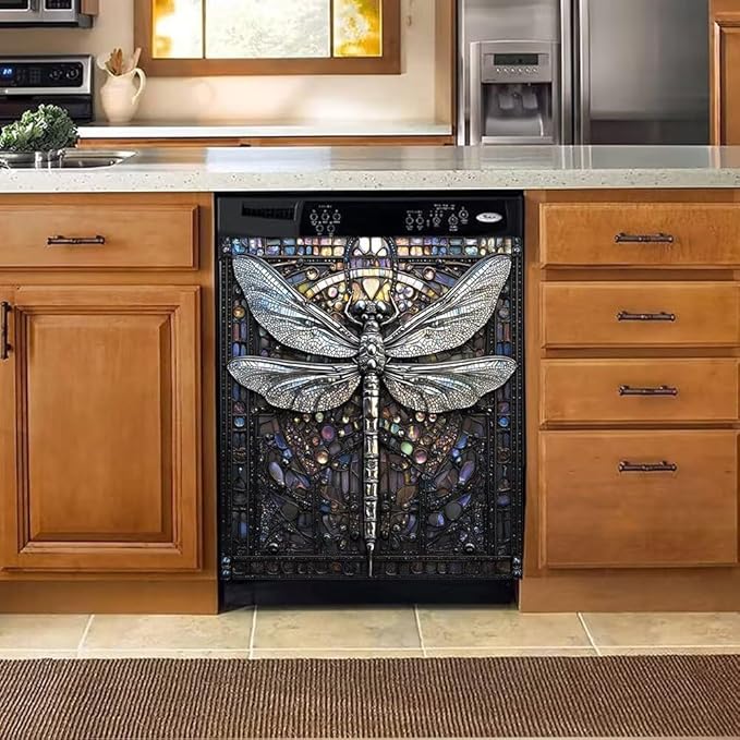 Retro Dragonfly Dishwasher Magnet Cover, Modern Art Deco Fridge Panel Magnetic Decal Home Kitchen Decor, Reusable Dishwasher Covers,23 x 26 inch