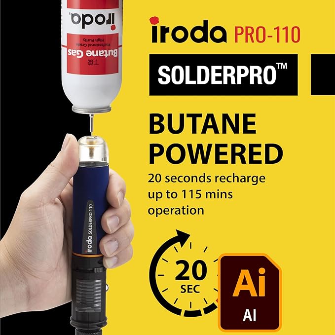 IRODA SolderPro 110 Butane Soldering Iron Kit, 115 MIns Run Time, Rapid Heat Up, Professional Set With Tips & Sturdy Tool Case (No Butane Included)