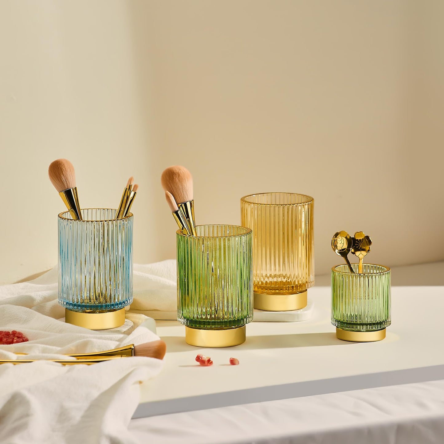 LEICURACE Makeup Brush Holder Organizer,Toothbrush Holders,Desk Pen Pencil Holder,Multifunctional Vintage Glass Brush Cup(S+L/Green/A3-1-US)