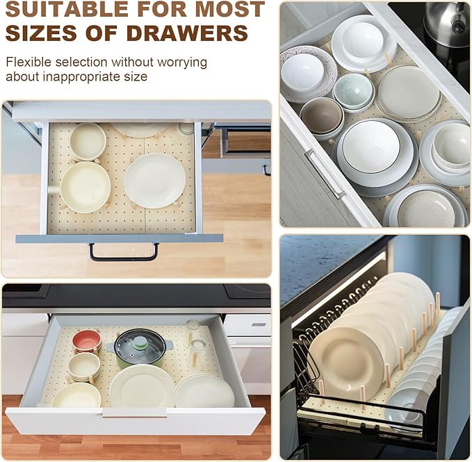 Kigley 12 Pcs Pegboard Drawer Organizer with 96 Drawer Peg Wood Peg Board Wooden Kitchen Plate Organizer for Dishes Food Containers Cookware Utensils(17 Inch,Wood Color)