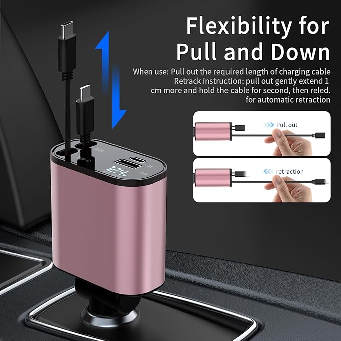 69W Fast Charging USB C Car Charger, 4-in-1 Retractable Phone Charger for iPhone 17, Travel Essentials, Gifts for Women Men, Car Accessories for Women Men, for iPhone 17 16 15 14 13, Galaxy, Pixel
