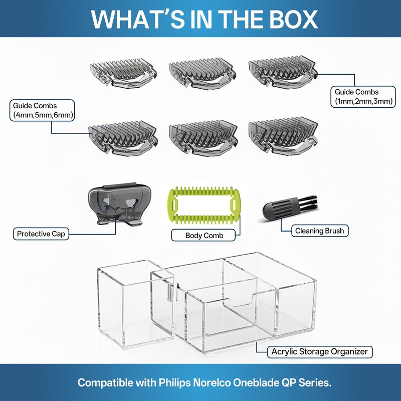 KIONCARE Guards Kit Plus for Philips Norelco OneBlade, 1-6mm Guide Combs, Replacement Body Comb, Protective Cap and Organizer Stand