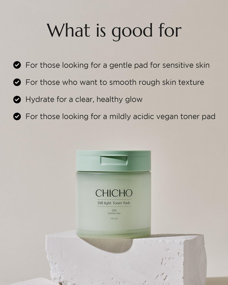 CHICHO Dill Light Toner Pads (80 Pads) – Jumbo 7cm OEKO-TEX Standard 100 Class I 100% Cotton Dual-Sided Pads for Rough Texture & Makeup Prep – 82.9% Dill Extract, Face Exfoliating and Moisturizing