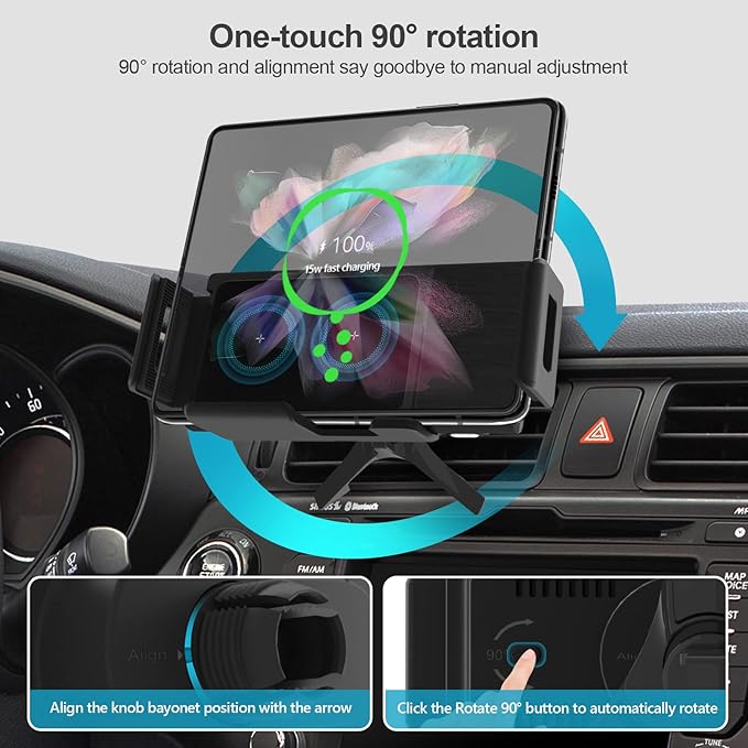 YUPENLAI Wireless Car Charger for Z Fold 6/5/4/3, Dual Coil Cup Holder Phone Mount for Tesla, Fast Charging Auto Clamping Auto Rotation 90° Air Vent Mount for iPhone 16/15/14/13/12 Serie