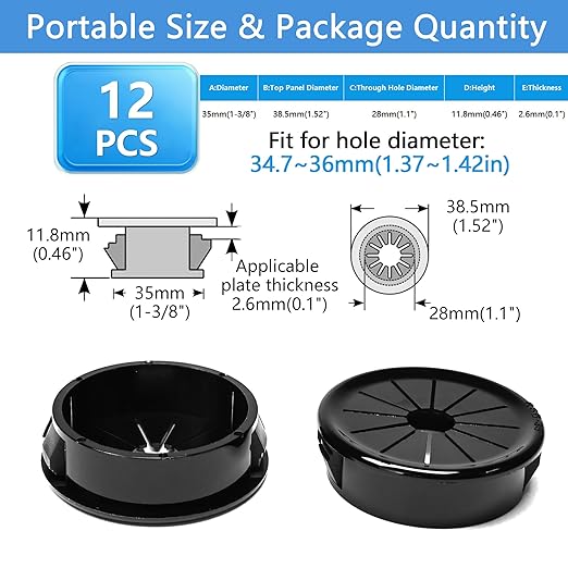 BOPOREAE 12 Pcs Cable Grommet, Snap Bushing 1-3/8" (35 mm) Mounting Diameter, Flexible Petal-Shaped Buckle Round Nylon Desk Grommet for Wires Through Countertop Cord Organizer and Protection, Black