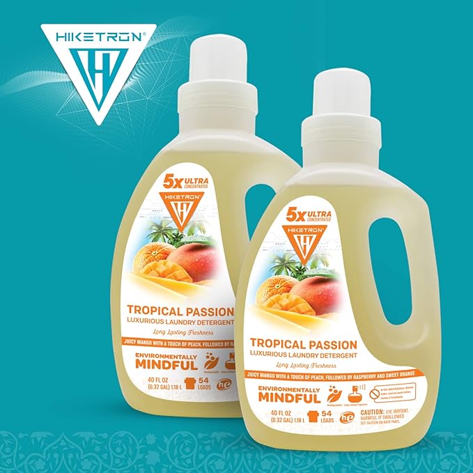Hiketron Tropical Passion Liquid Laundry Detergent, 5x Ultra Concentrated, Tough Stains Remover, Long Lasting Scent (80 Fl Oz, Pack of 2)