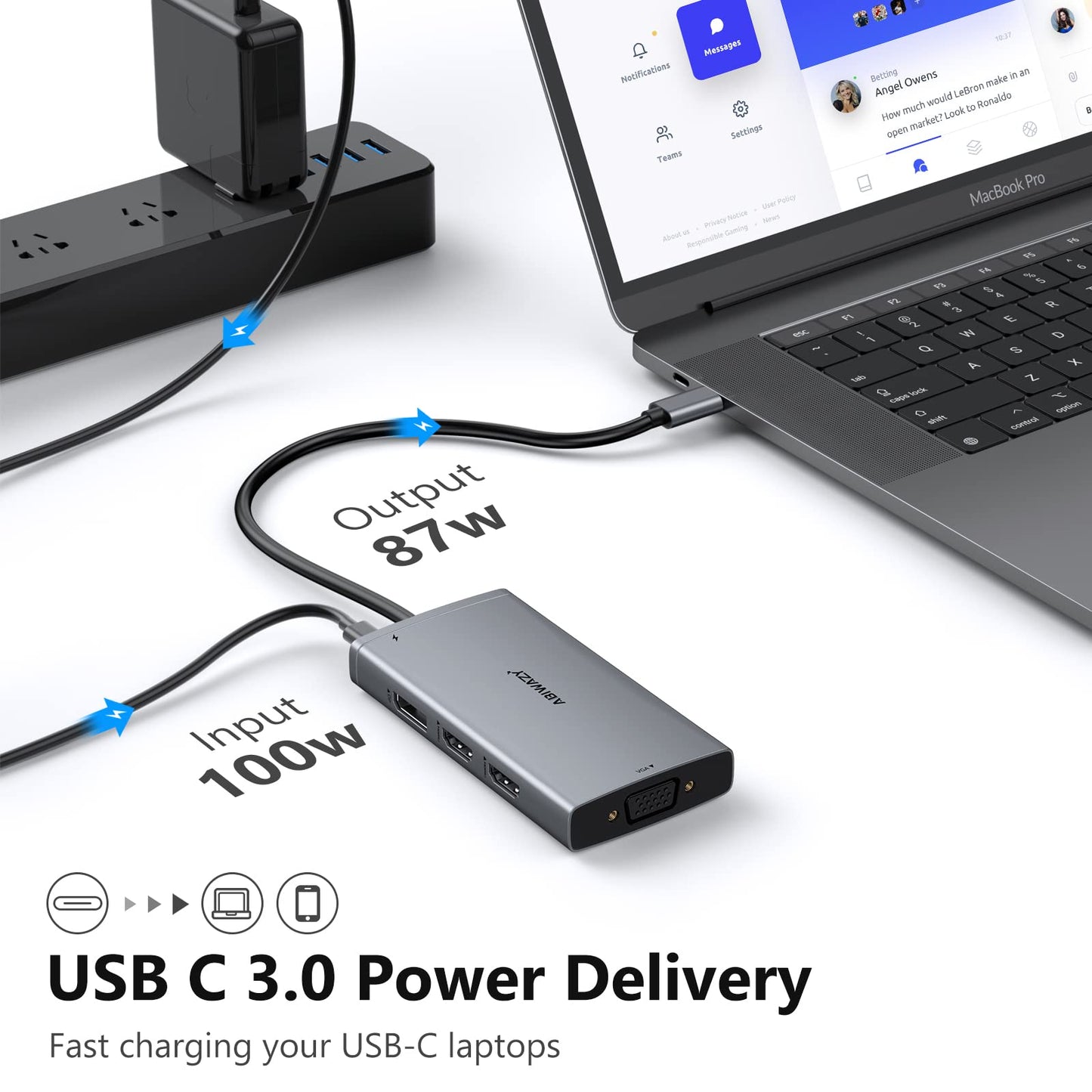 ABIWAZY USB C Docking Station Dual Monitor Adapter for Dell HP Laptop Docking Station 3 Monitors Quadruple Display USBC Hub Dongle to 4K HDMI,DP,VGA,3 USB2.0,100W PD, USB-C Dock for Lenovo,Surface