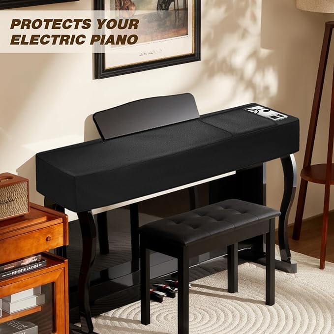 Explore Land 88 Keys Digital Piano Dust Cover with Music Stand Opening and Pockets - Waterproof Leatherette Electronic Keyboard Cover Fits for Most Piano(Black)