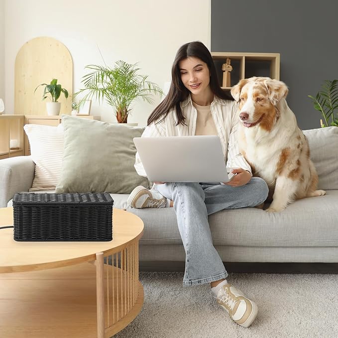 Delamu Handwoven Rattan Small Cable Management Box, Cord Organizer with 2 Open Slots, Desk Cord Hider Box for Computer Router USB Hub Power Strip, 12.5" Lx 5.1" Wx 5.1" H, Black