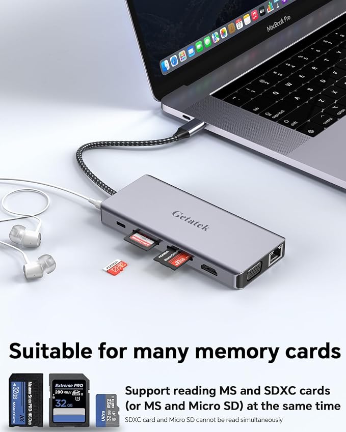 Getatek13-in-1 Docking Station with 4K HDMI,VGA,Ethernet,USB A 3.0 Data Port and USB C 5Gbps Port,100W PD Charging,SD/TF/MS Card Reader and 3.5MM Audior for MacBook, Acer, Laptops, Surface and More