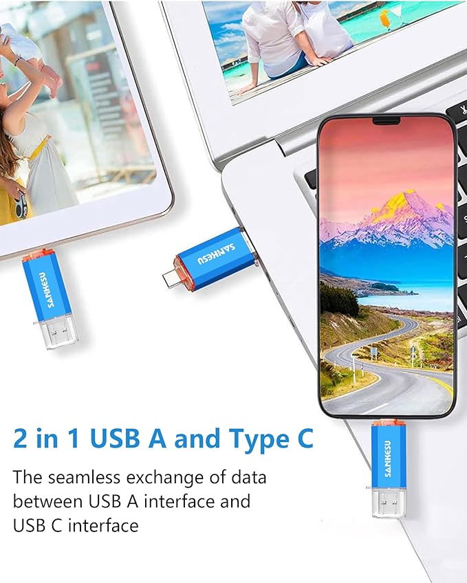 SANKESU 128GB 3 Pack 2-in-1 USB C Flash Drive USB-A+Type-C Dual Drive OTG,USB C Storage Flash Drive with LED Light Compatible with iPhone 17/16/15, Android Smartphone/Tablets/Computers