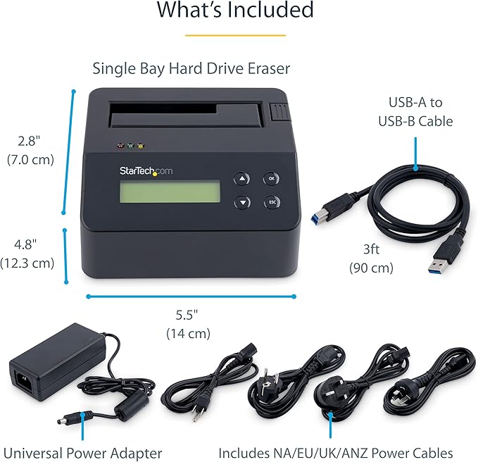 StarTech.com Single Bay SSD/HDD Hard Drive Eraser, 2.5/3.5" SATA, Hostless Standalone Secure Erase, Disk Sanitizer, Hardware Wiper Erasing Tool, 9 Modes, Printer Port, NIST/DOD, LCD, TAA (SDOCK1EU3P)