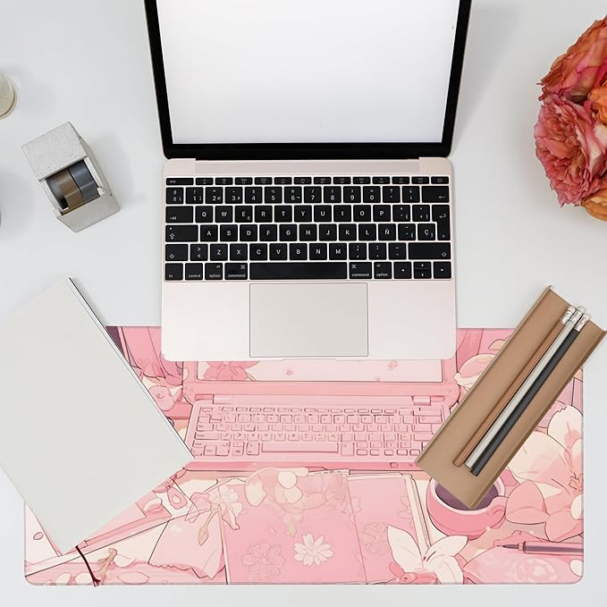 Eflxamz Large Gaming Mouse Pad for Desk,Pink Kawaii Anime Girl Desk Desk Mat,Kawaii Anime Desktop Desk Pad,Extended Big Computer Keyboard Mouse Pad with Non-Slip Base and Stitched Edge,35.4"x15.7"