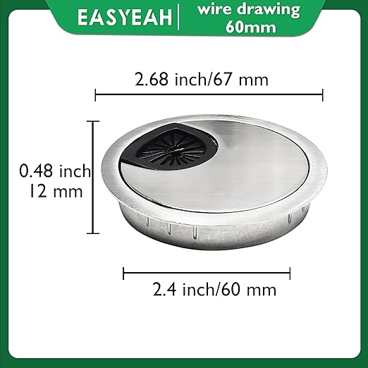 EASYEAH 2 Pcs Desk Grommet 2-3/8" / 60 mm, Desk Cord Hole Cover, Cable Grommet Metal Zinc Alloy Materilal, Desk Hole Grommet for Home & Office Pc, Detachable Cable Cord Organizer-Brushed Silver