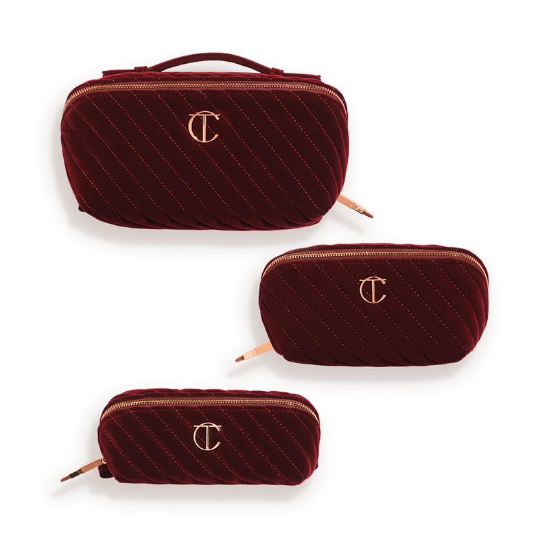 Charlotte Tilbury Mini Travel Makeup Bag of My Dreams - Quilted Velvet Skincare, Fragrance & Cosmetic Organizer with 2 Compartments & Zip Pocket - Iconic Night Crimson Toiletry Bag